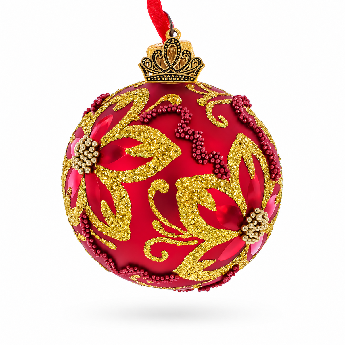 Gold Glitter Floral Scrolls and Beaded Petals on Red Glass Ball Christmas Ornament