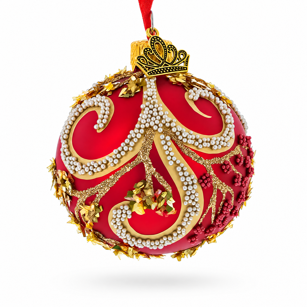 Glittered Red Berries and Gold Leaf Branches on Red Glass Ball Christmas Ornament