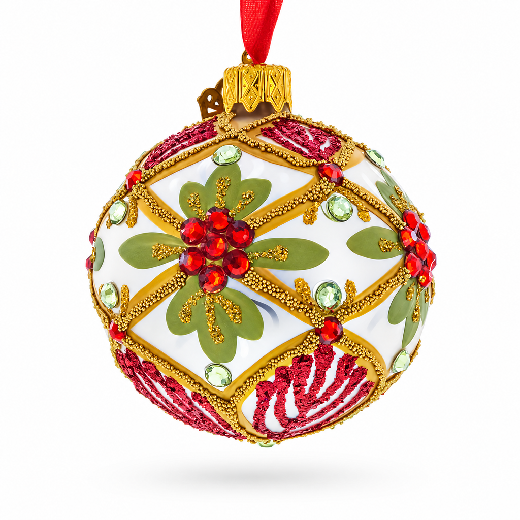 Gold Floral Design with Red Jewel Accents Glass Ball Christmas Ornament
