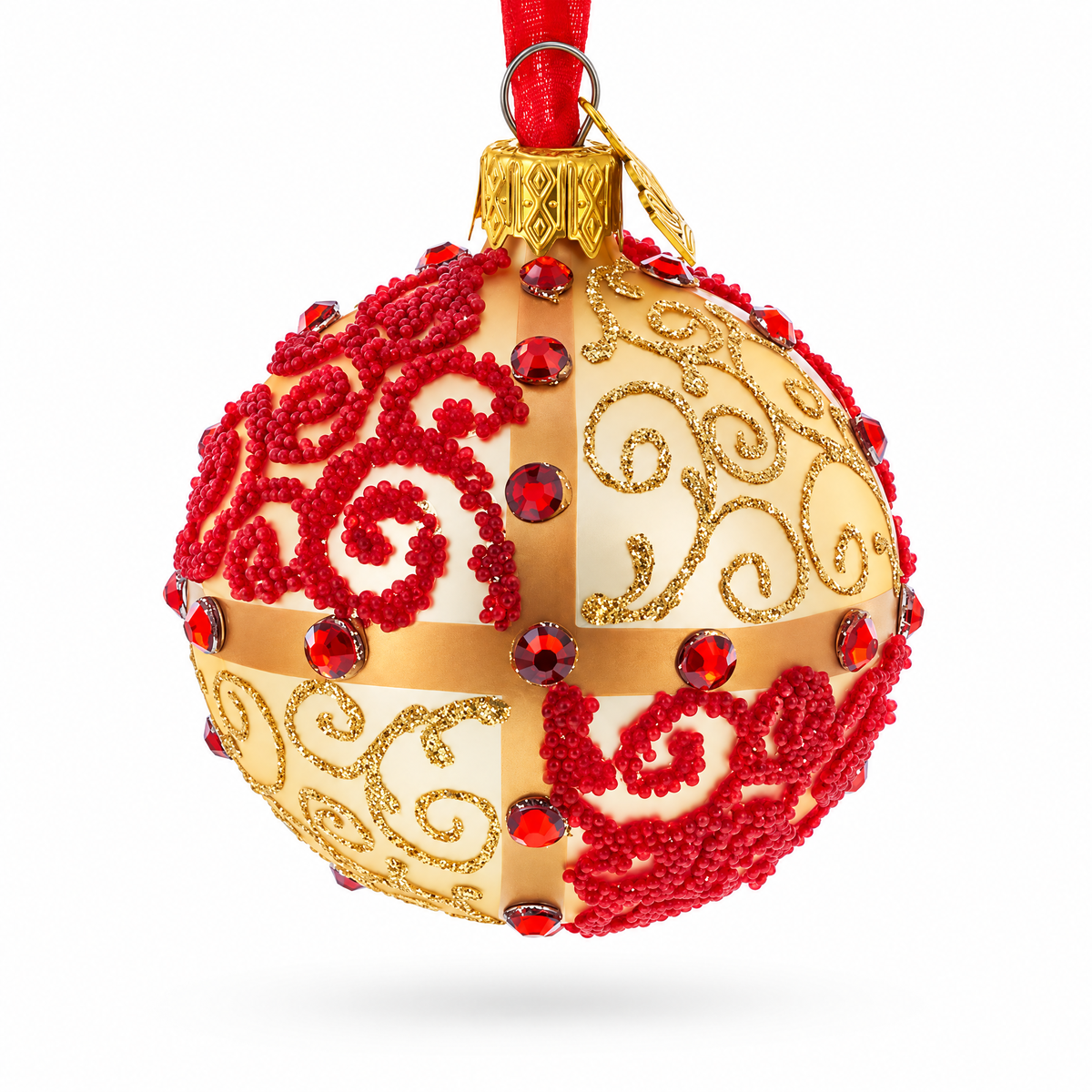 Jeweled Gold & Red Swirl Glass Ball Christmas Ornament