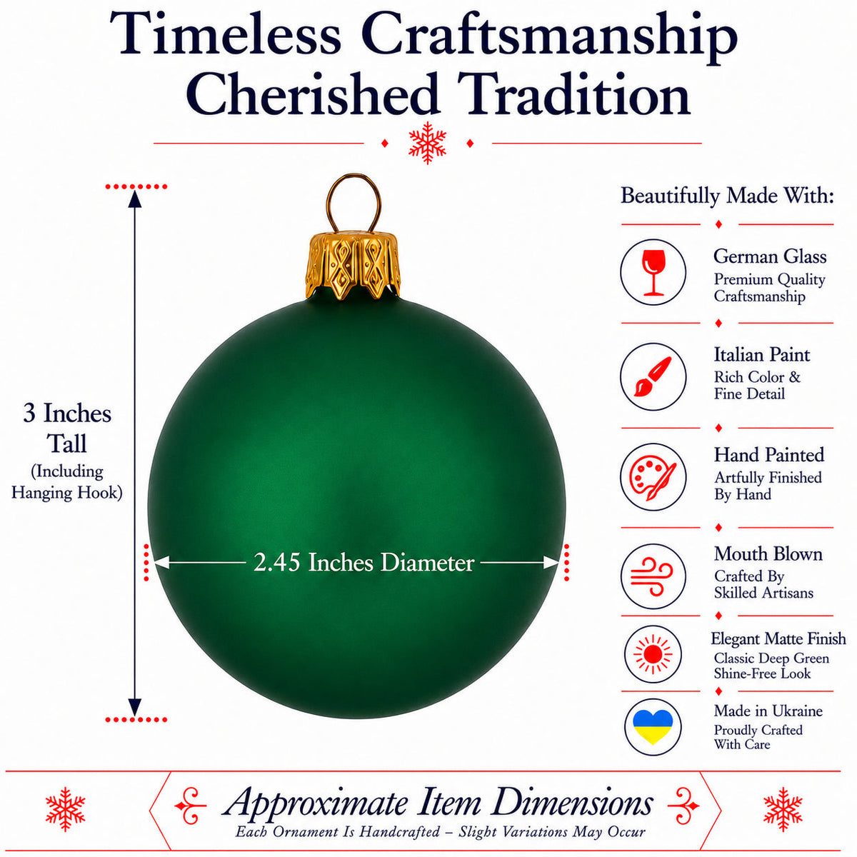 Set of 6 Matte Green Glass Ball Christmas Ornaments 2.4 Inches