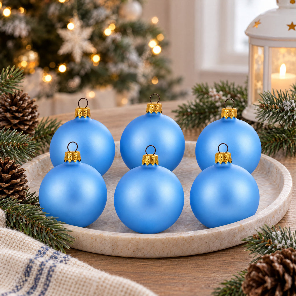 Set of 6 Light Matte Blue Glass Ball Christmas Ornaments 2.4 Inches