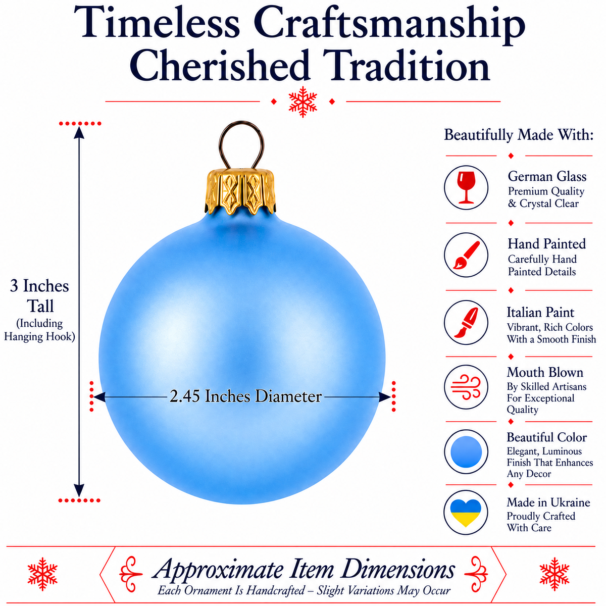 Set of 6 Light Matte Blue Glass Ball Christmas Ornaments 2.4 Inches