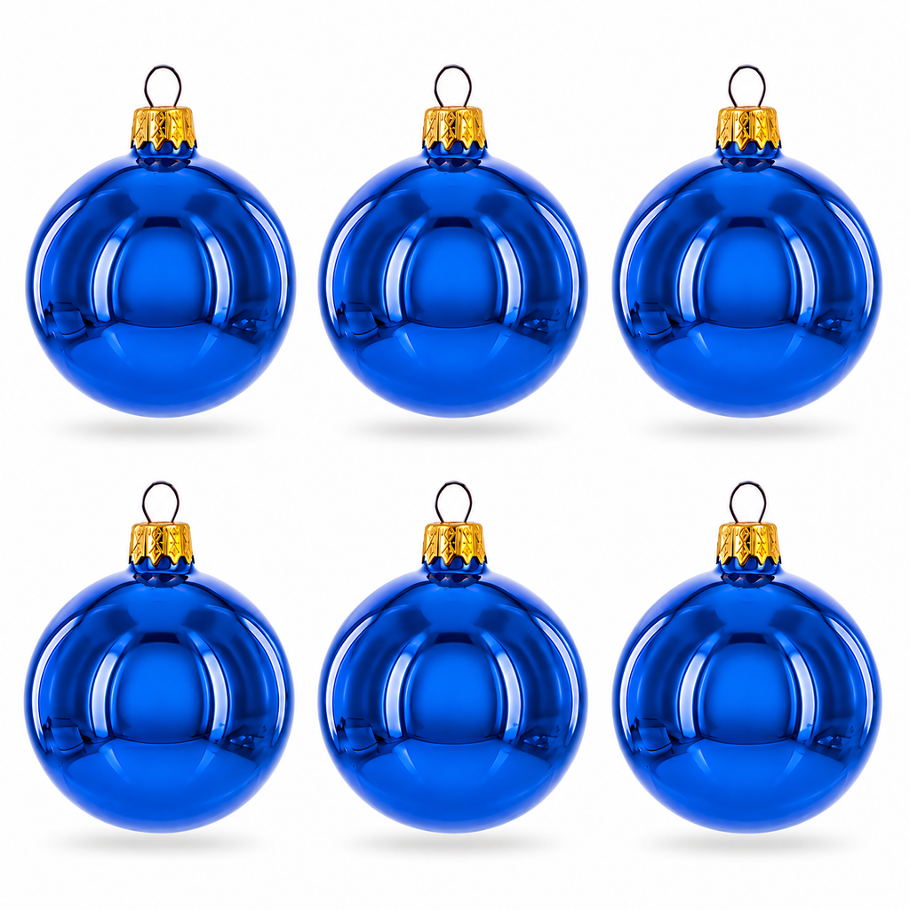 Set of 6 Glossy Blue Glass Ball Christmas Ornaments 2.4 Inches