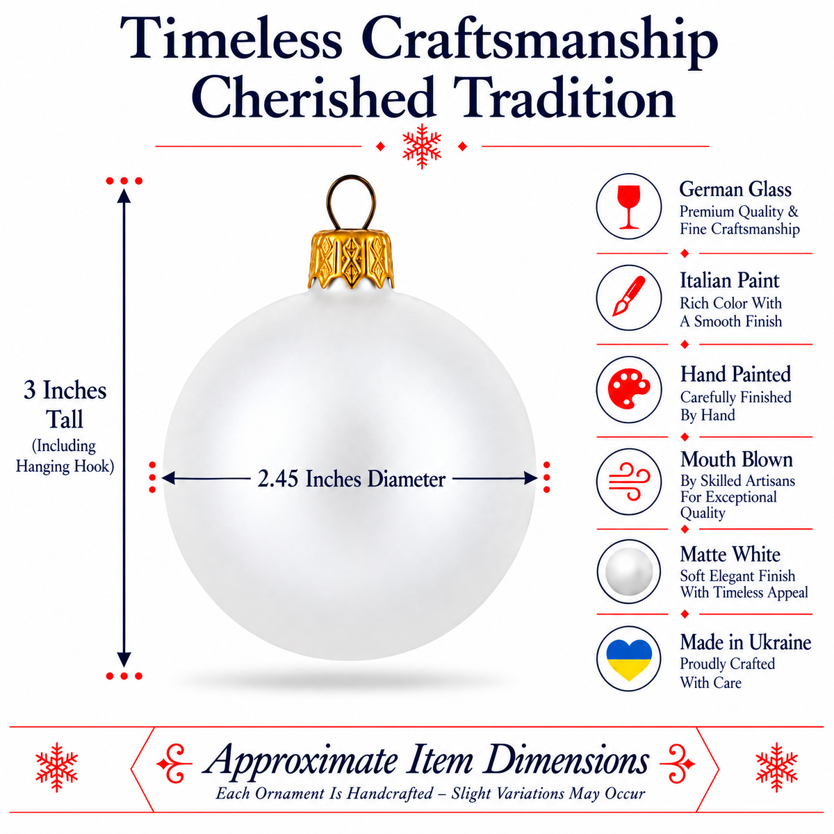 Set of 6 Matte White Glass Ball Christmas Ornaments 2.4 Inches