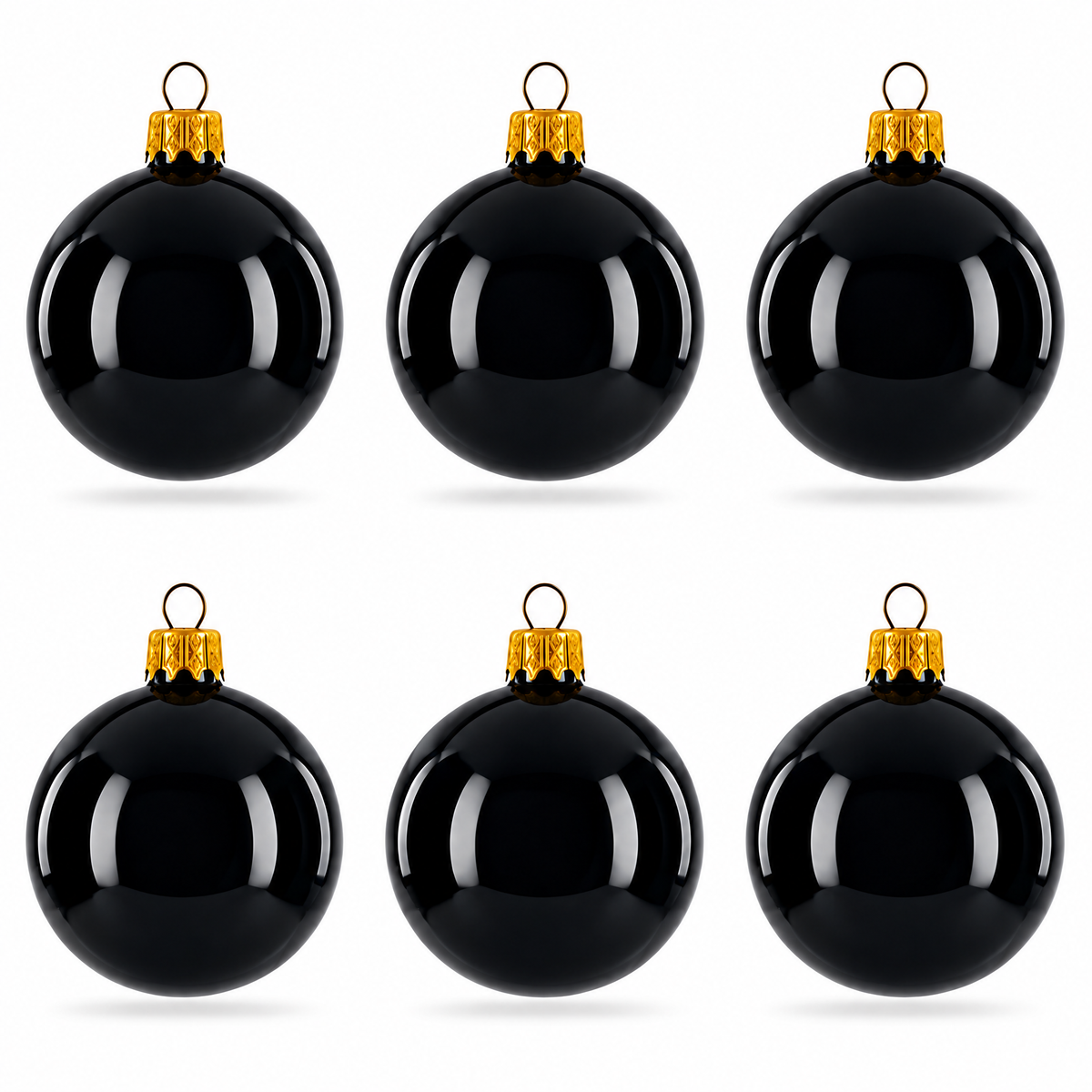 Set of 6 Glossy Black Glass Ball Christmas Ornaments 2.4 Inches