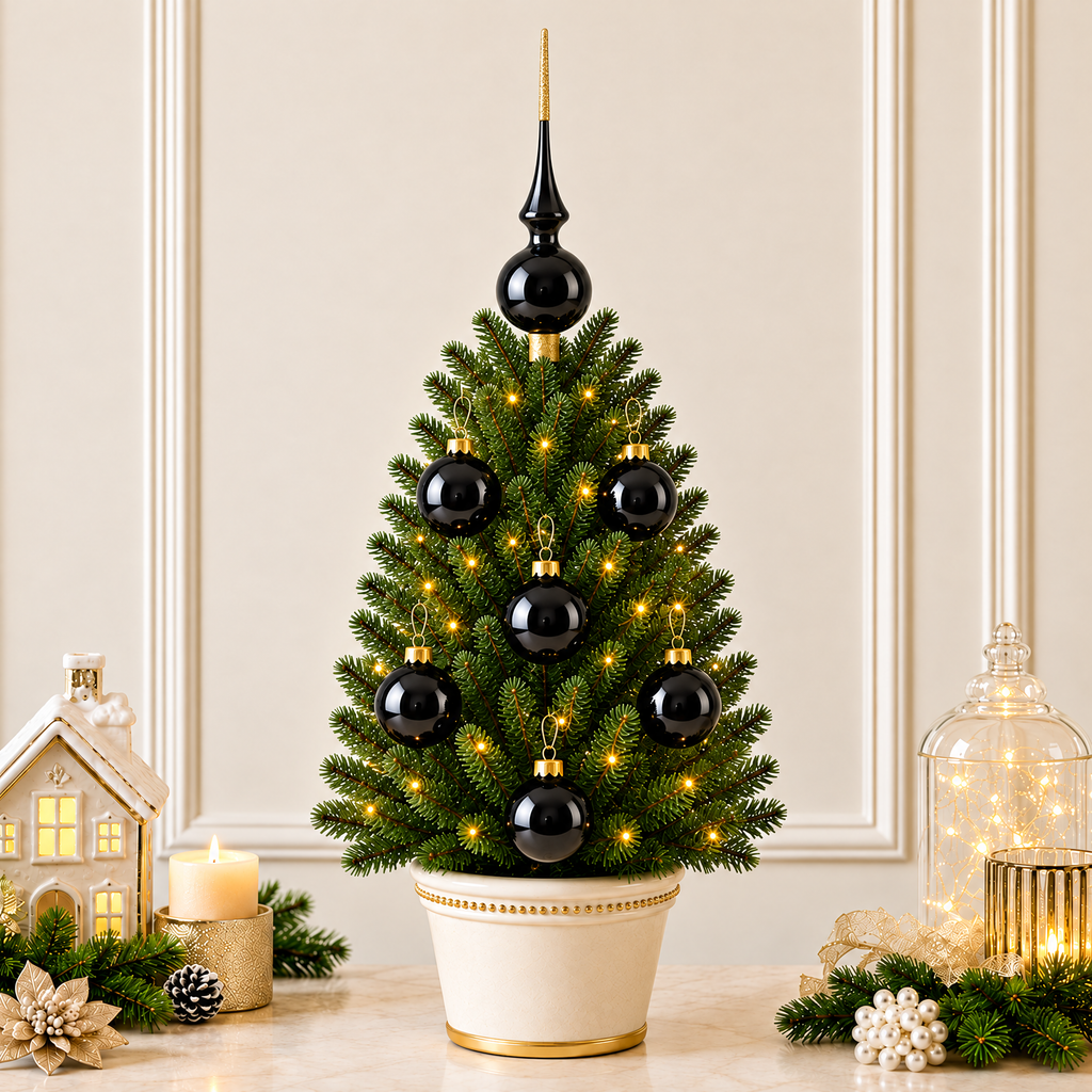 Set of 6 Glossy Black Glass Ball Christmas Ornaments 2.4 Inches