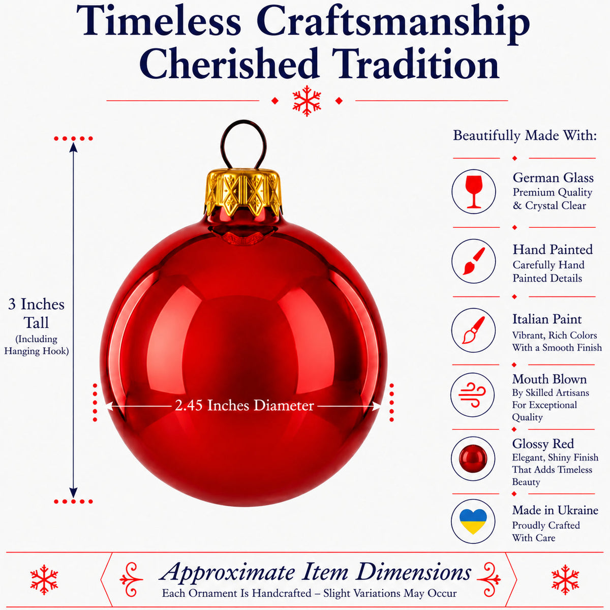 Set of 6 Glossy Red Glass Ball Christmas Ornaments 2.4 Inches