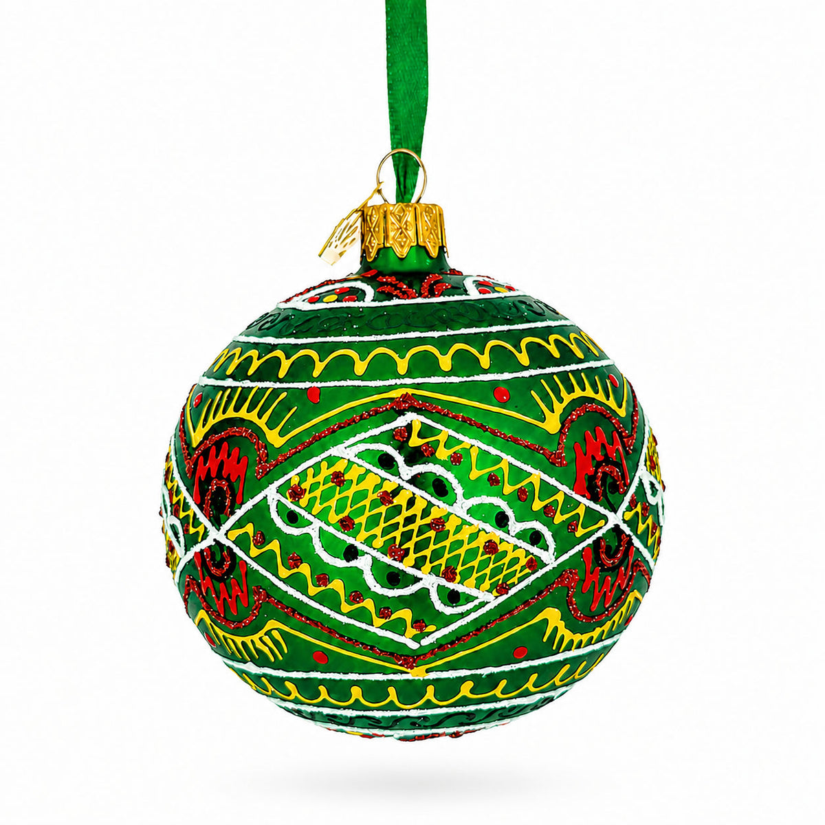 Green Geometric Ukrainian Glass Ball Christmas Ornament 3.15 Inches