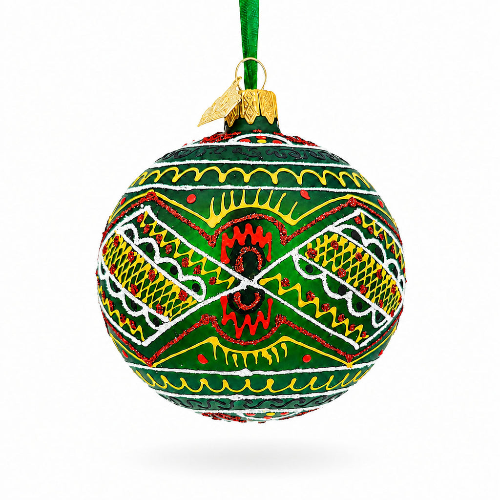 Green Geometric Ukrainian Glass Ball Christmas Ornament 3.15 Inches