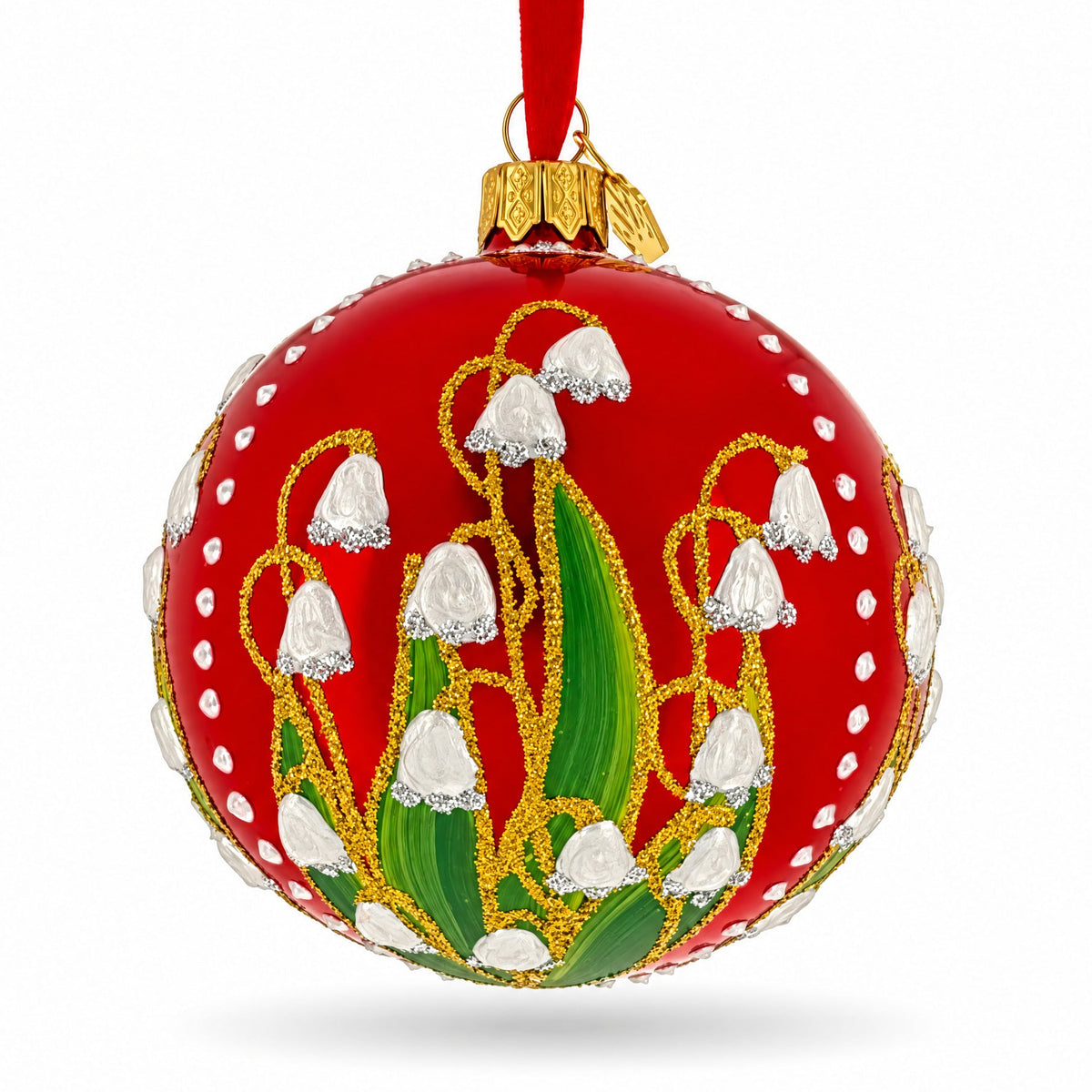 Lily of the Valley on Glossy Red Glass Ball Christmas Ornament