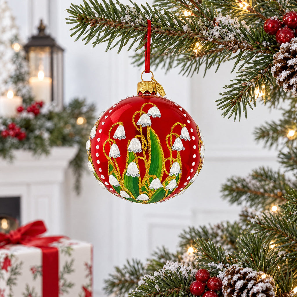Lily of the Valley on Glossy Red Glass Ball Christmas Ornament