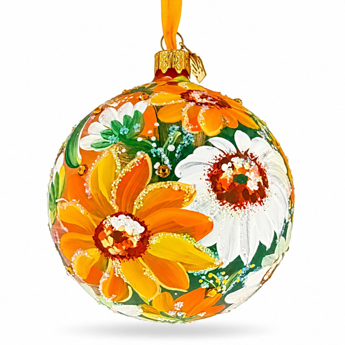 Golden Daisy Garden Blossom Translucent Glass Ball Christmas Ornament