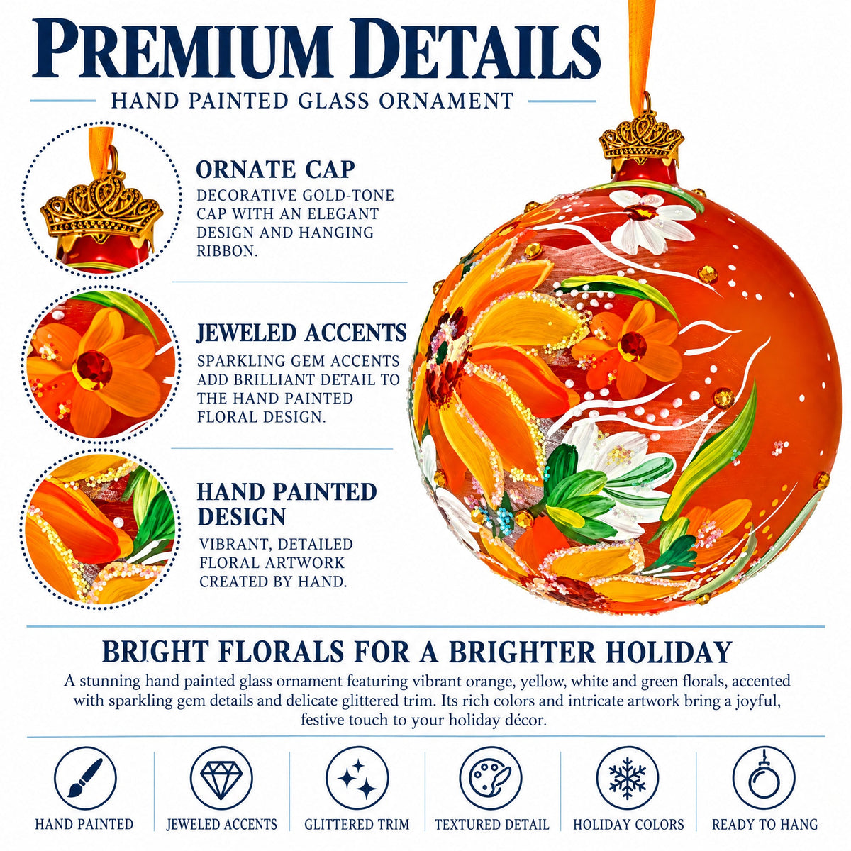 Golden Daisy Garden Blossom Translucent Glass Ball Christmas Ornament