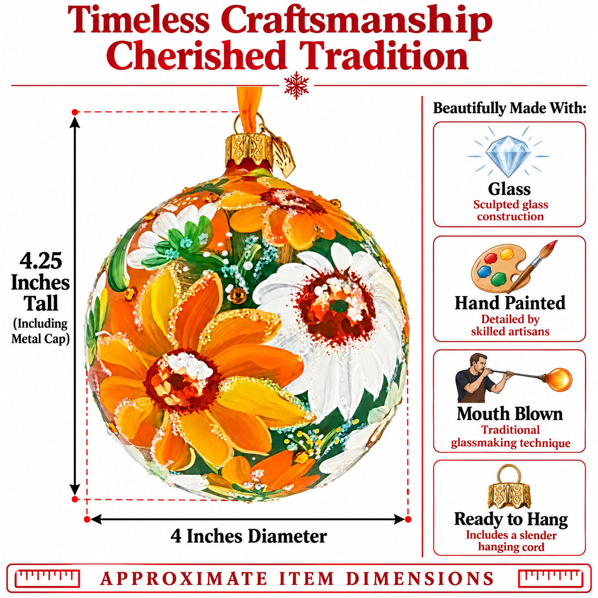 Golden Daisy Garden Blossom Translucent Glass Ball Christmas Ornament