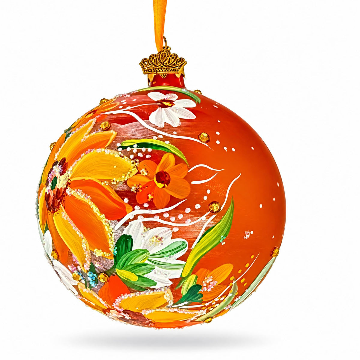 Golden Daisy Garden Blossom Translucent Glass Ball Christmas Ornament