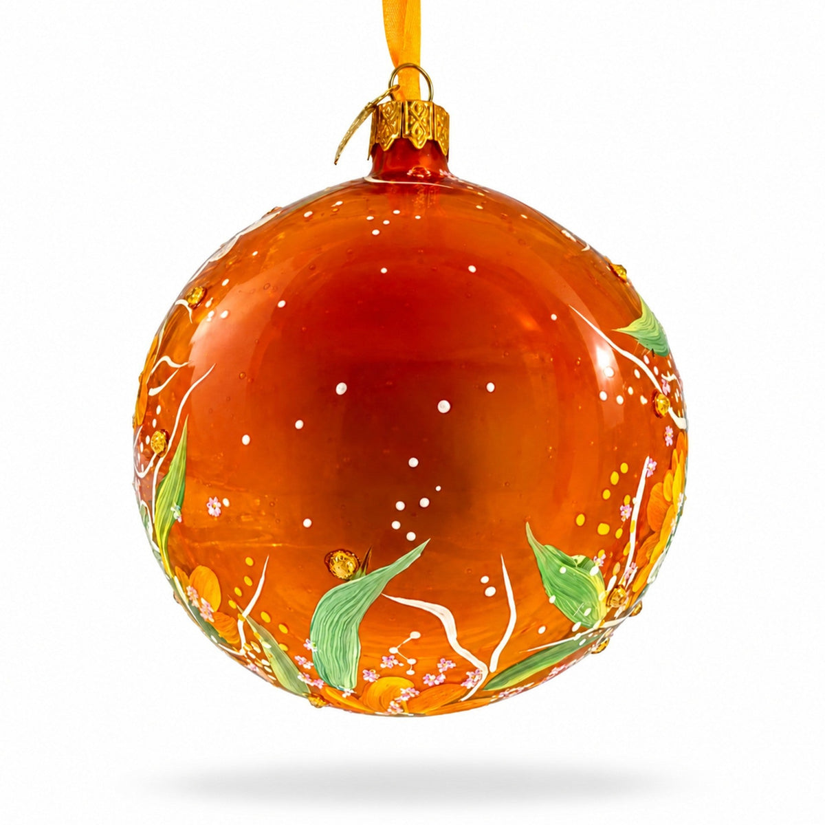 Golden Daisy Garden Blossom Translucent Glass Ball Christmas Ornament