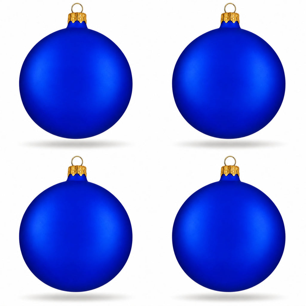 Set of 4 Thick Blue Glass Ball Christmas Ornaments 4 Inches (004)