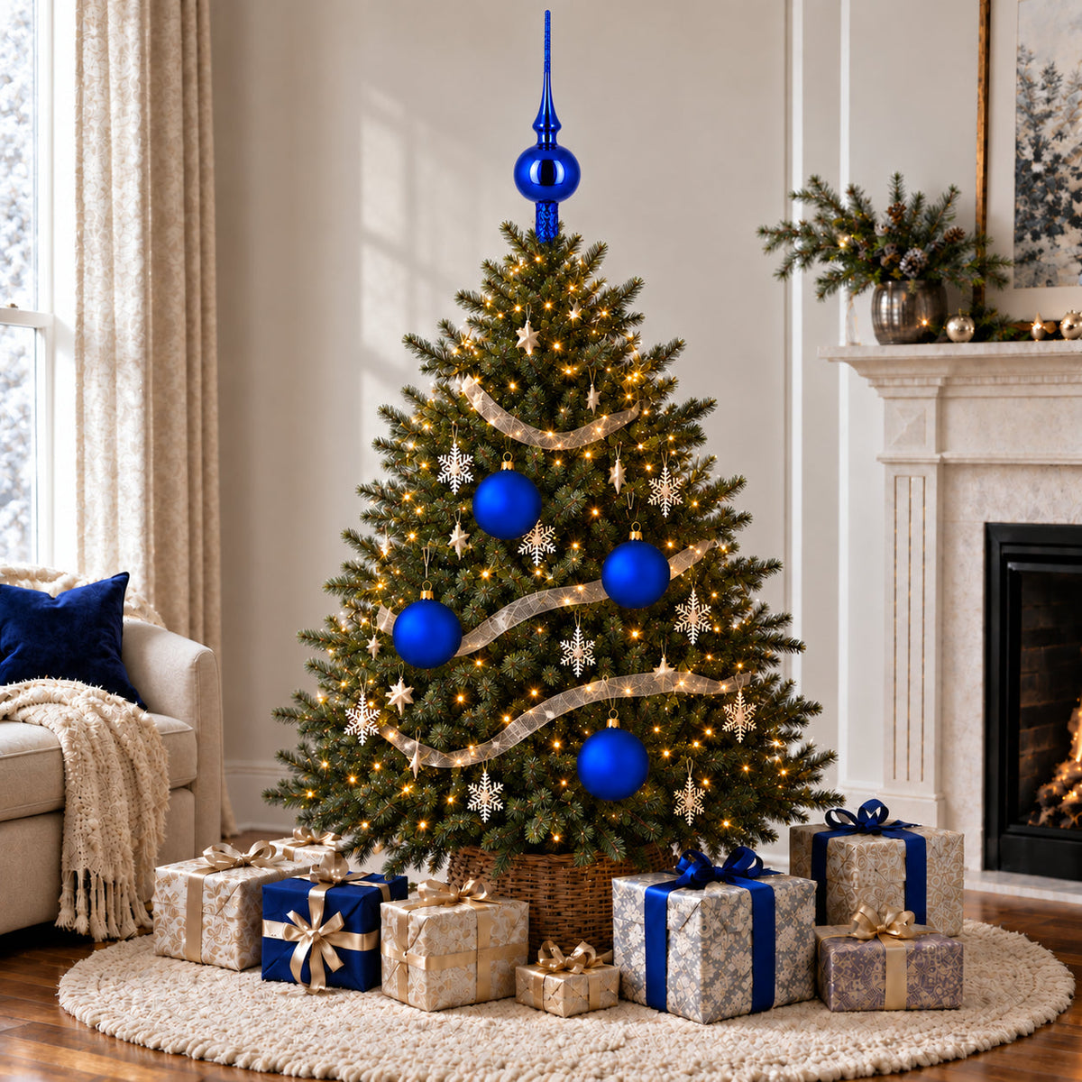 Set of 4 Thick Blue Glass Ball Christmas Ornaments 4 Inches (004)