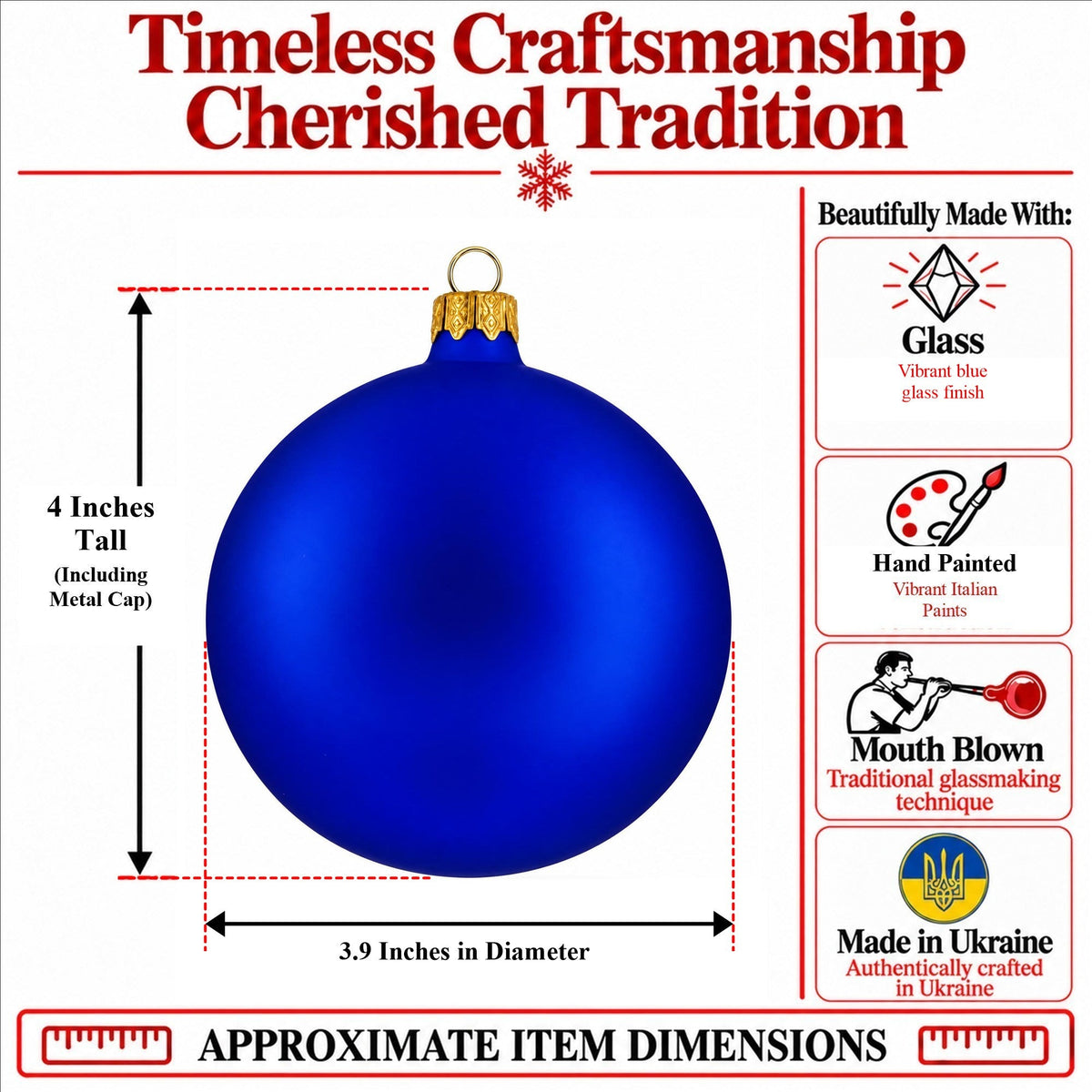 Set of 4 Thick Blue Glass Ball Christmas Ornaments 4 Inches (004)