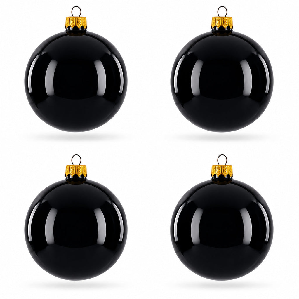 Set of 4 Glossy Black Glass Ball Christmas Ornaments 4 Inches (003)