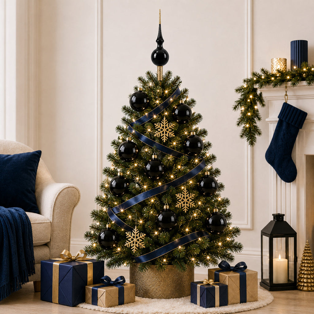 Set of 4 Glossy Black Glass Ball Christmas Ornaments 4 Inches (003)