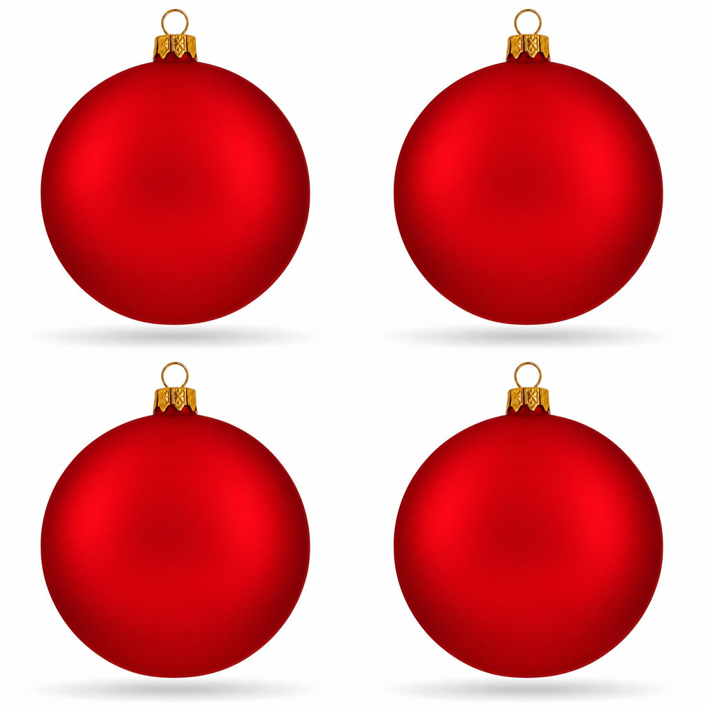 Set of 4 Thick Red Glass Ball Christmas Ornaments 4 Inches (014)