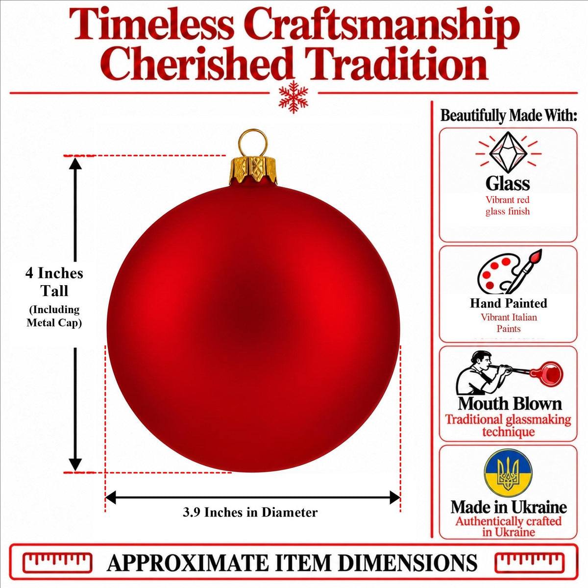 Set of 4 Thick Red Glass Ball Christmas Ornaments 4 Inches (014)