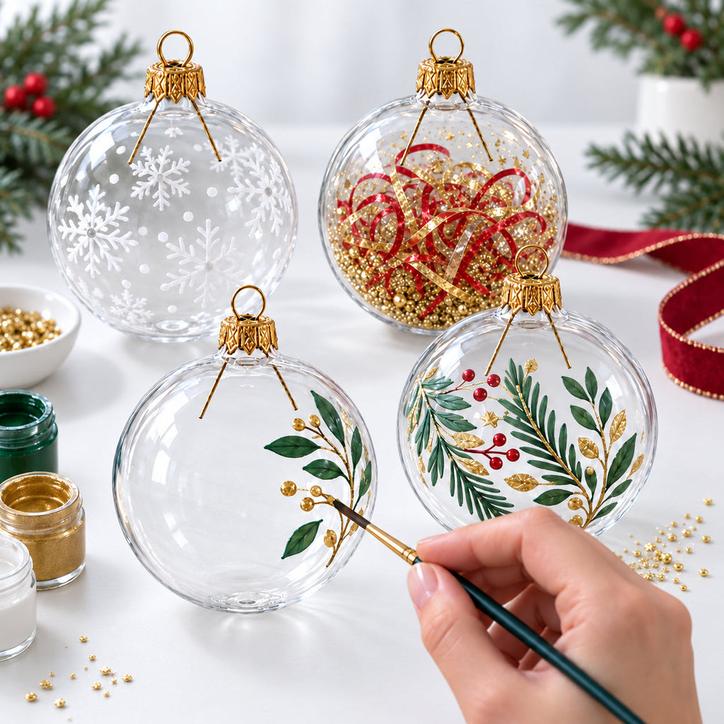 Set of 4 Clear Glass Ball Christmas Ornaments Thick Glass 4 Inches (015)
