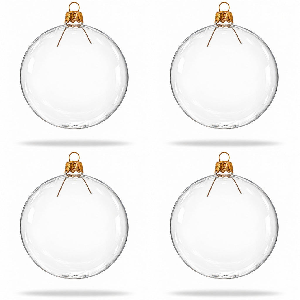 Set of 4 Clear Glass Ball Christmas Ornaments Thick Glass 4 Inches (015)