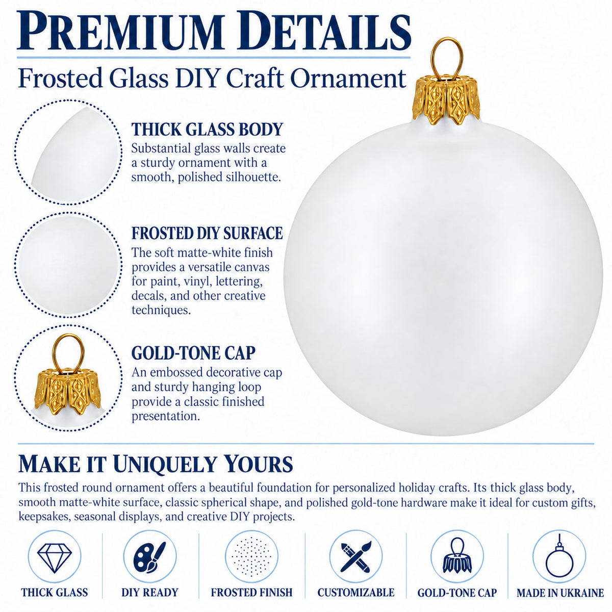 Set of 4 Thick White Glass Ball Christmas Ornaments 4 Inches (025)