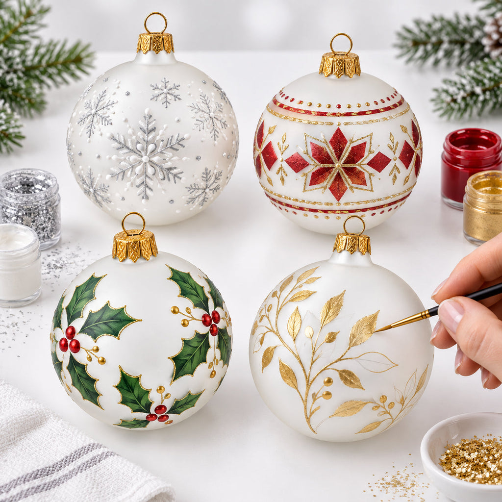 Set of 4 Thick White Glass Ball Christmas Ornaments 4 Inches (025)