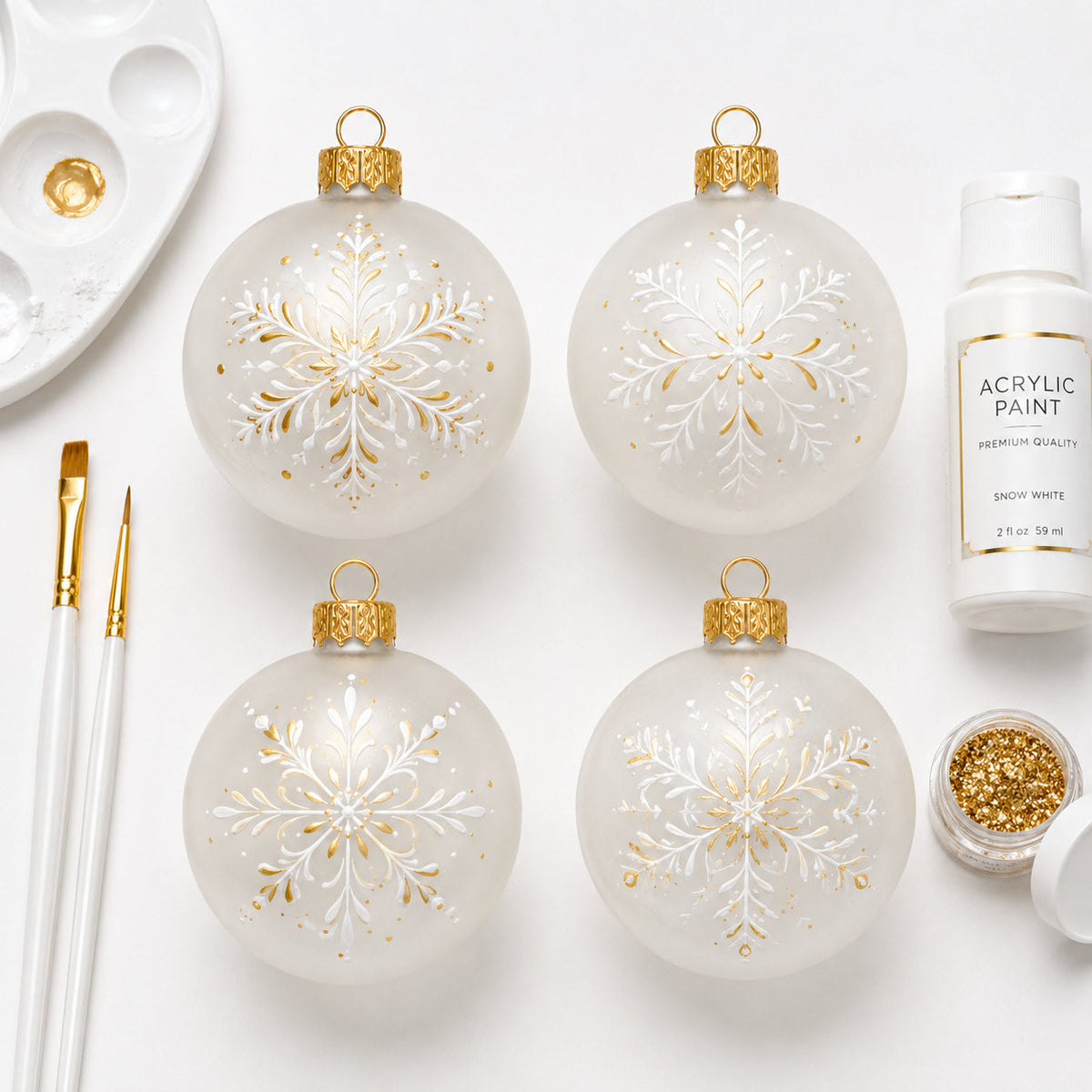 Set of 4 Translucent White Glass Ball Christmas Ornaments 4 Inches (023)