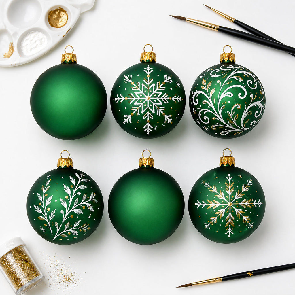 Set of 6 Translucent Green Glass Ball Christmas Ornaments (028)