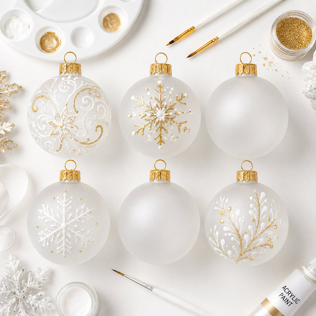 Set of 6 Translucent White Glass Ball Christmas Ornaments 3.25 Inches (054)