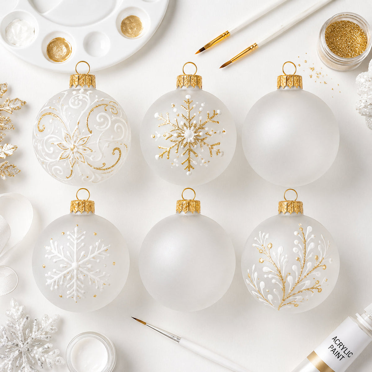 Set of 6 Translucent White Glass Ball Christmas Ornaments 3.25 Inches (054)