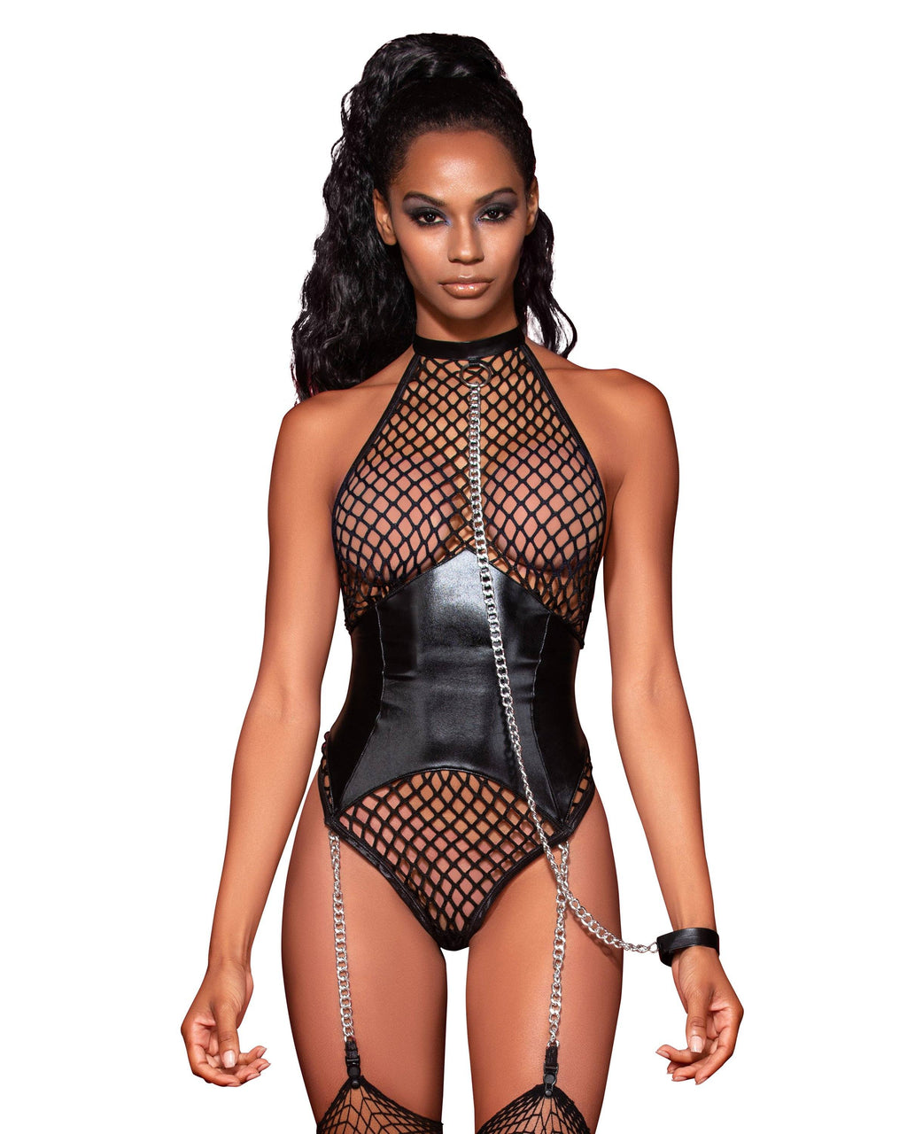 Dreamgirl Fishnet Corset-Style Halter Teddy with Collar & Chain Leash