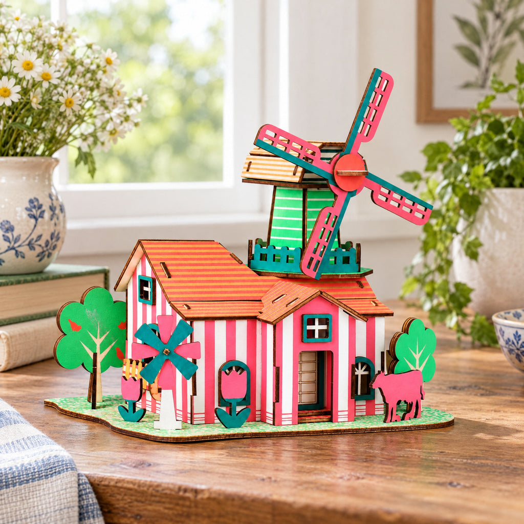 Windmill Model Kit - Wooden Laser-Cut 3D Puzzle (82 Pcs)