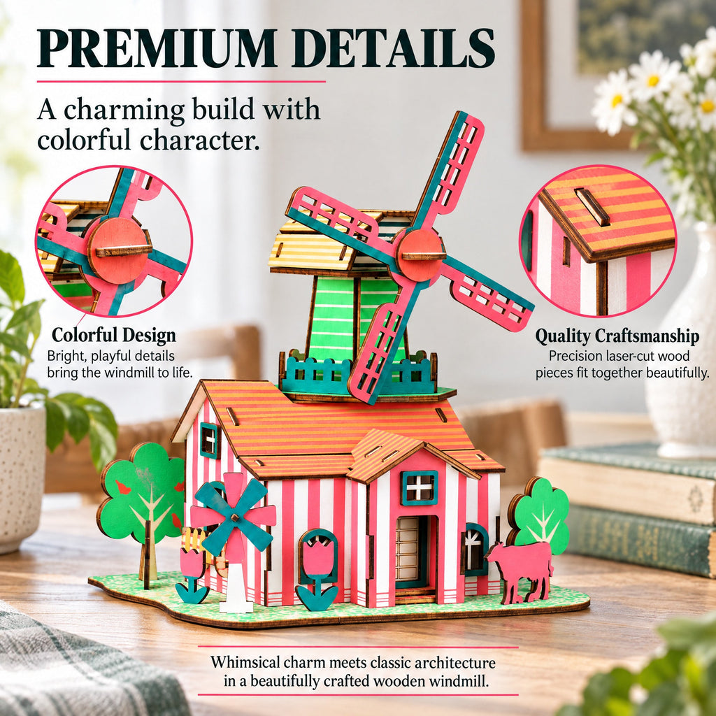 Windmill Model Kit - Wooden Laser-Cut 3D Puzzle (82 Pcs)