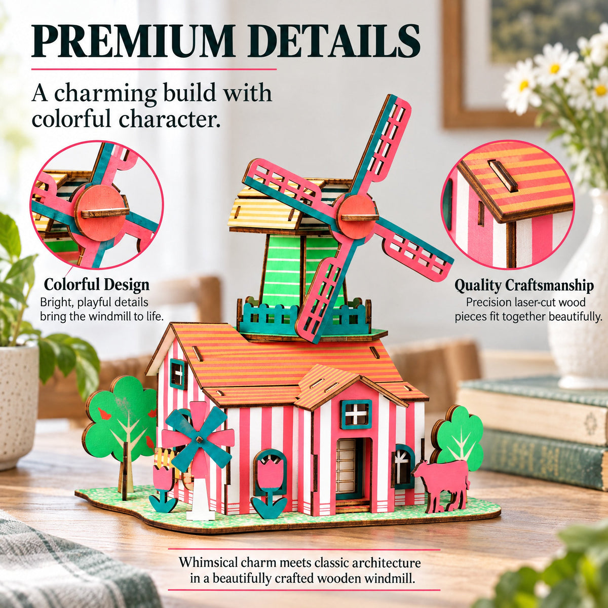 Windmill Model Kit - Wooden Laser-Cut 3D Puzzle (82 Pcs)