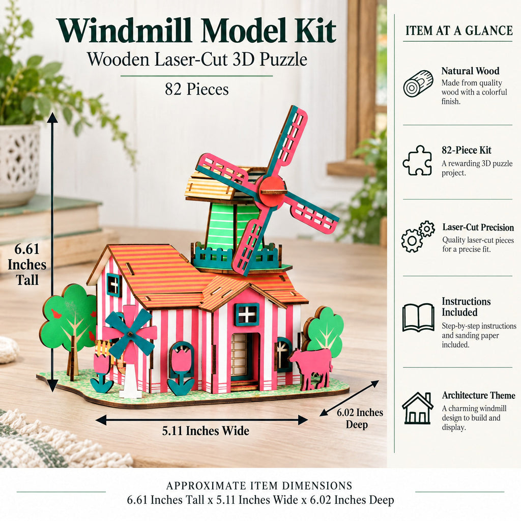 Windmill Model Kit - Wooden Laser-Cut 3D Puzzle (82 Pcs)