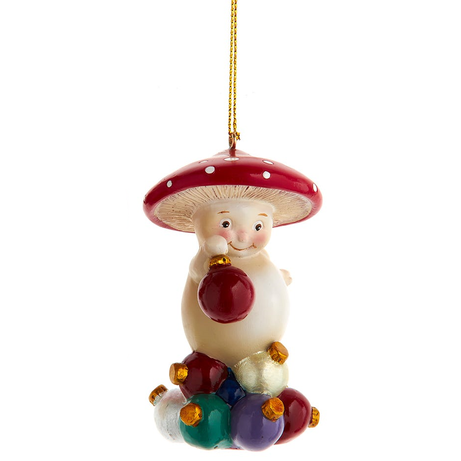 Merry Little Mushroom Holding Ornaments - Standing on a pile of Ornaments