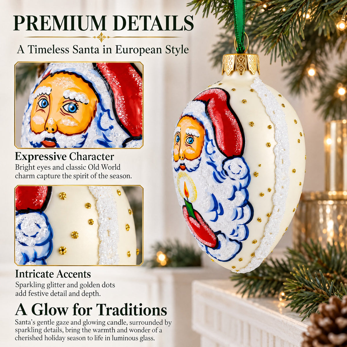 Santa Holding Candle Glass Egg Ornament 4 Inches