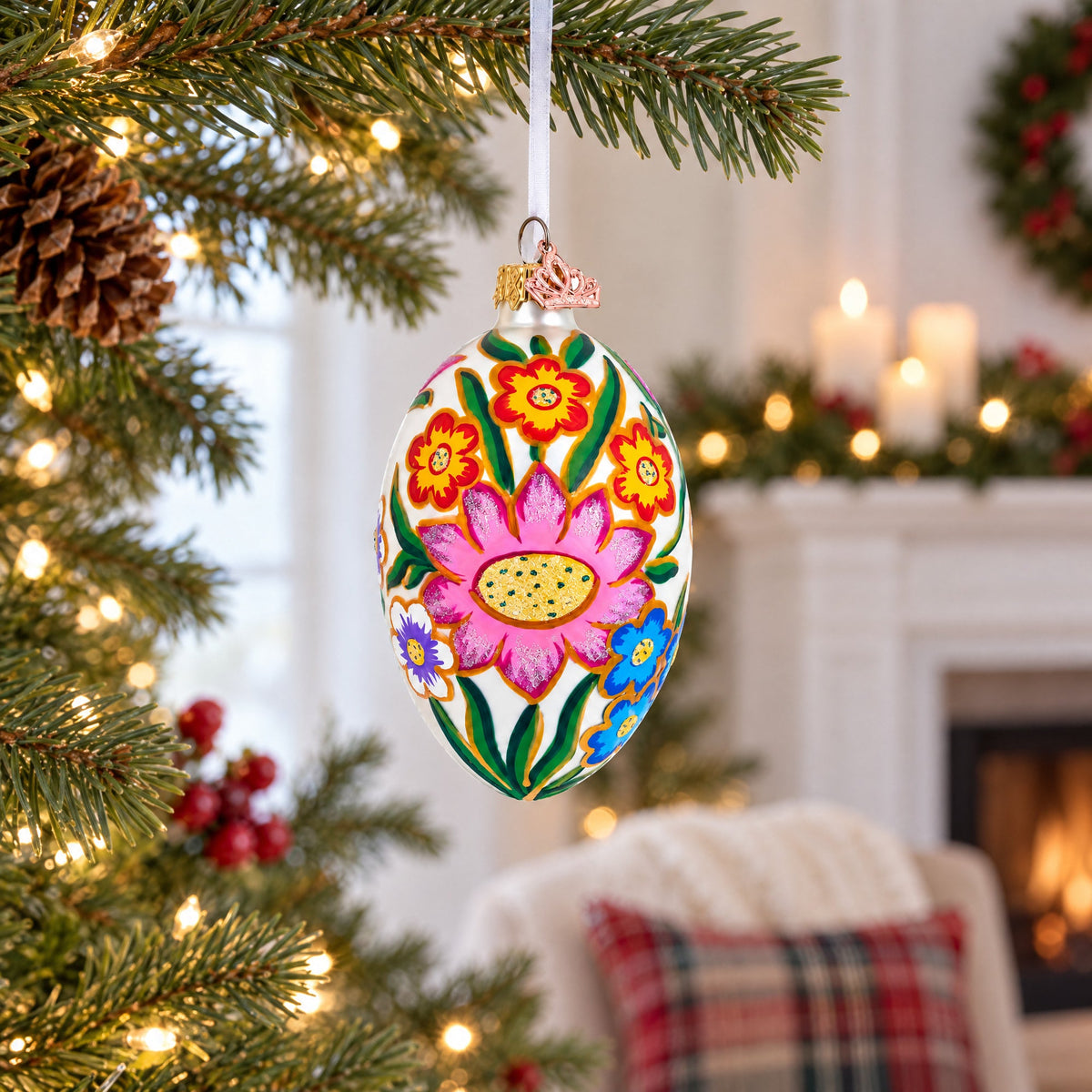 Colorful Flowers Glass Egg Ornament 4 Inches