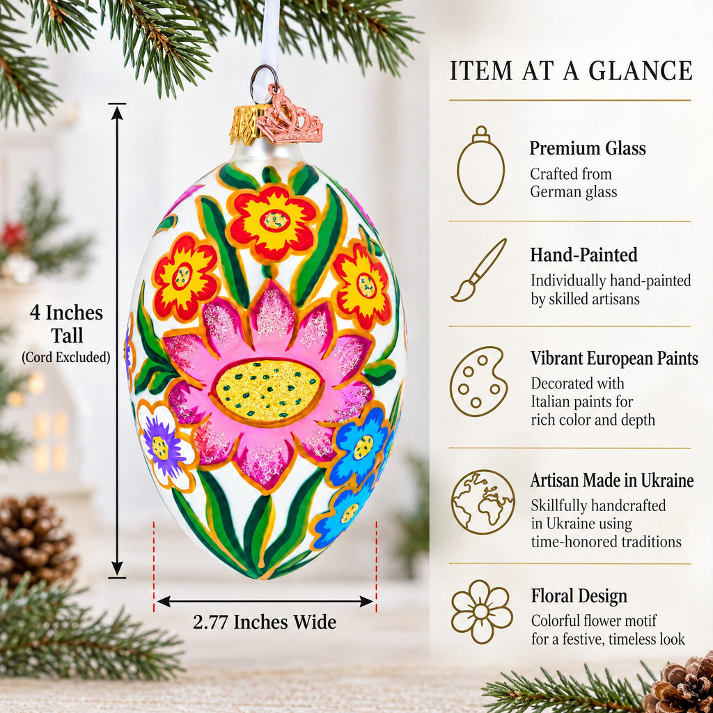 Colorful Flowers Glass Egg Ornament 4 Inches