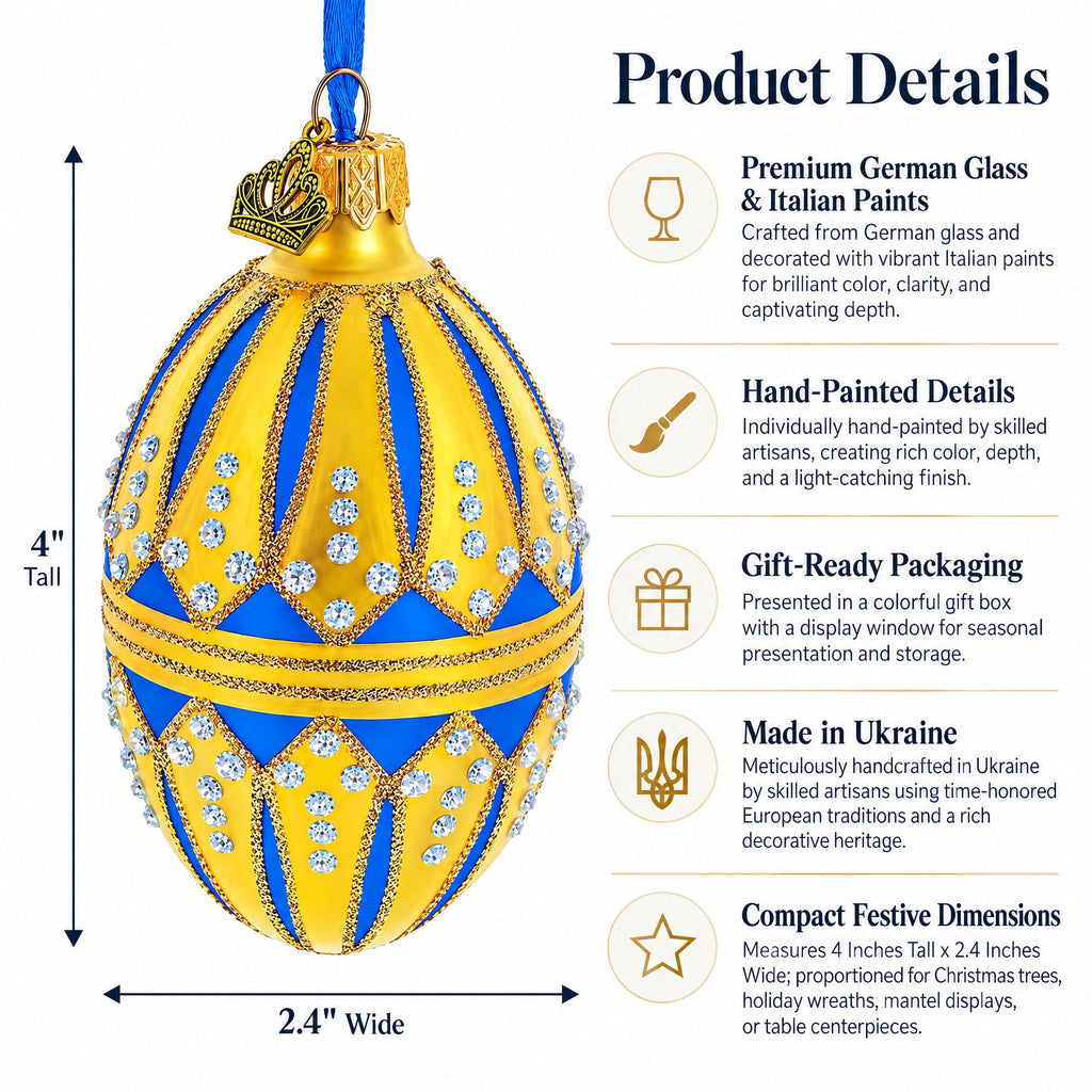 Blue Enamel Royal Inspired Egg Glass Ornament 4 Inches