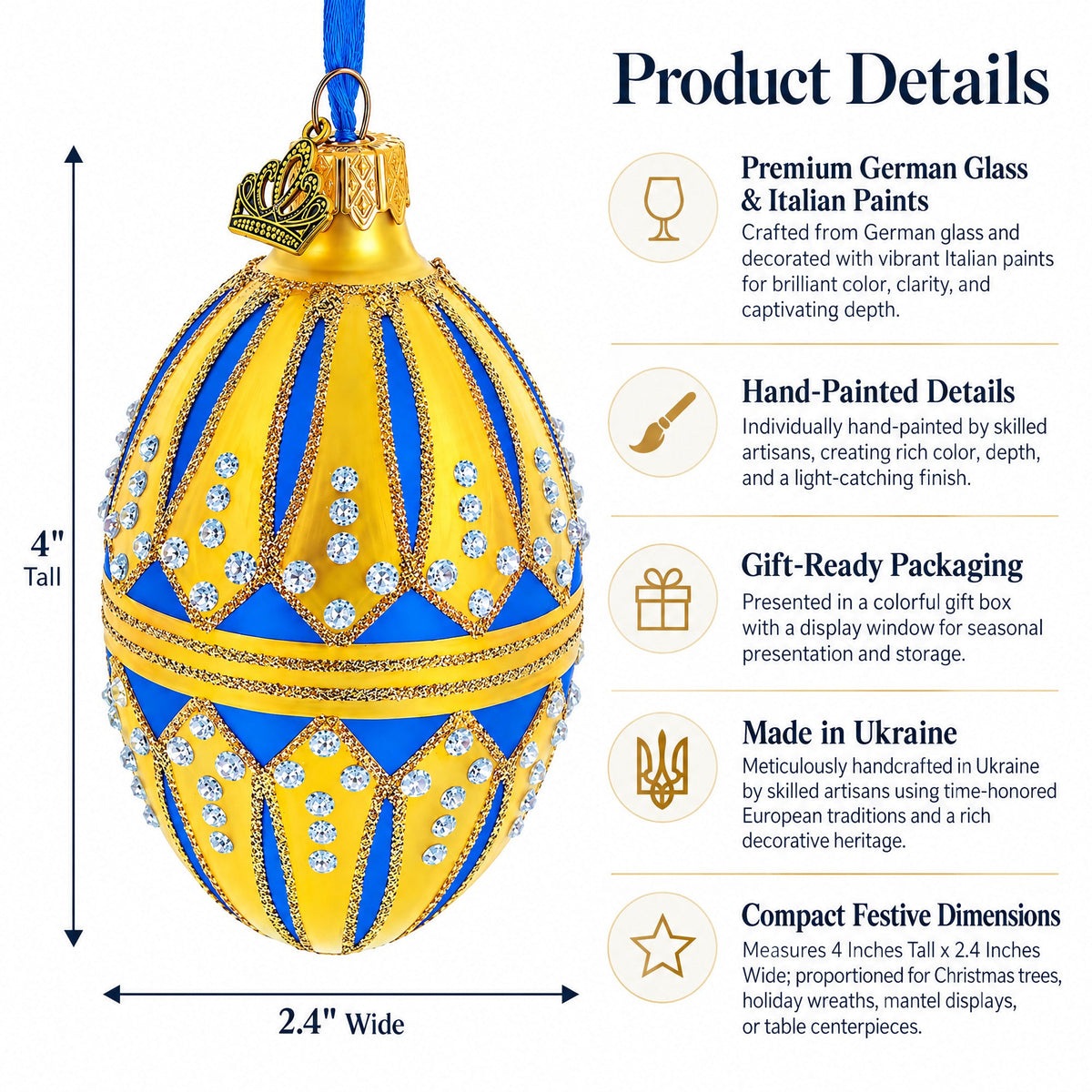 Blue Enamel Royal Inspired Egg Glass Ornament 4 Inches