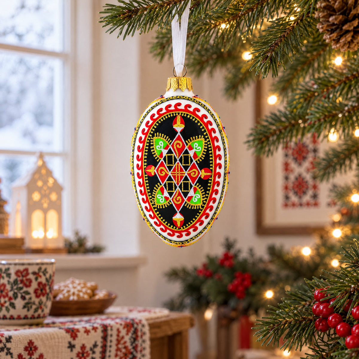 Rhombus Pysanka Glass Egg Ornament 4 Inches