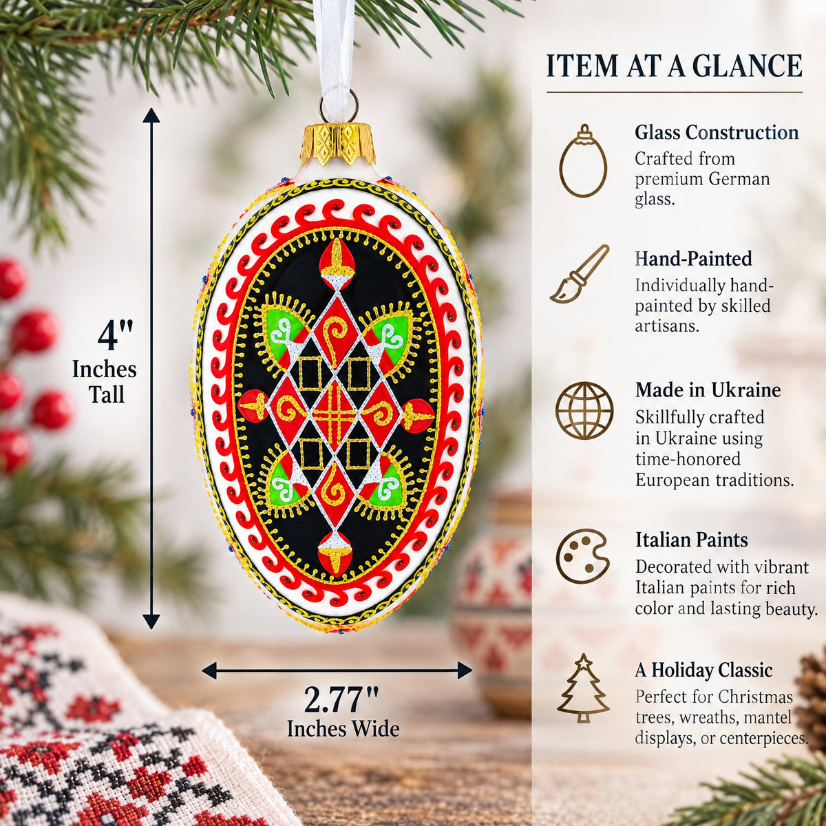 Rhombus Pysanka Glass Egg Ornament 4 Inches