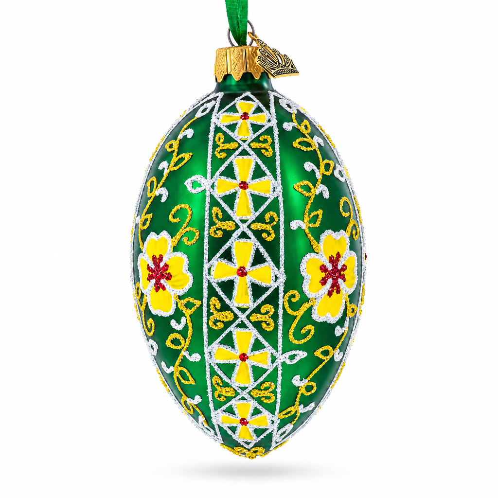 Gold Crosses on Green Ukrainian Glass Egg Ornament 4 Inches